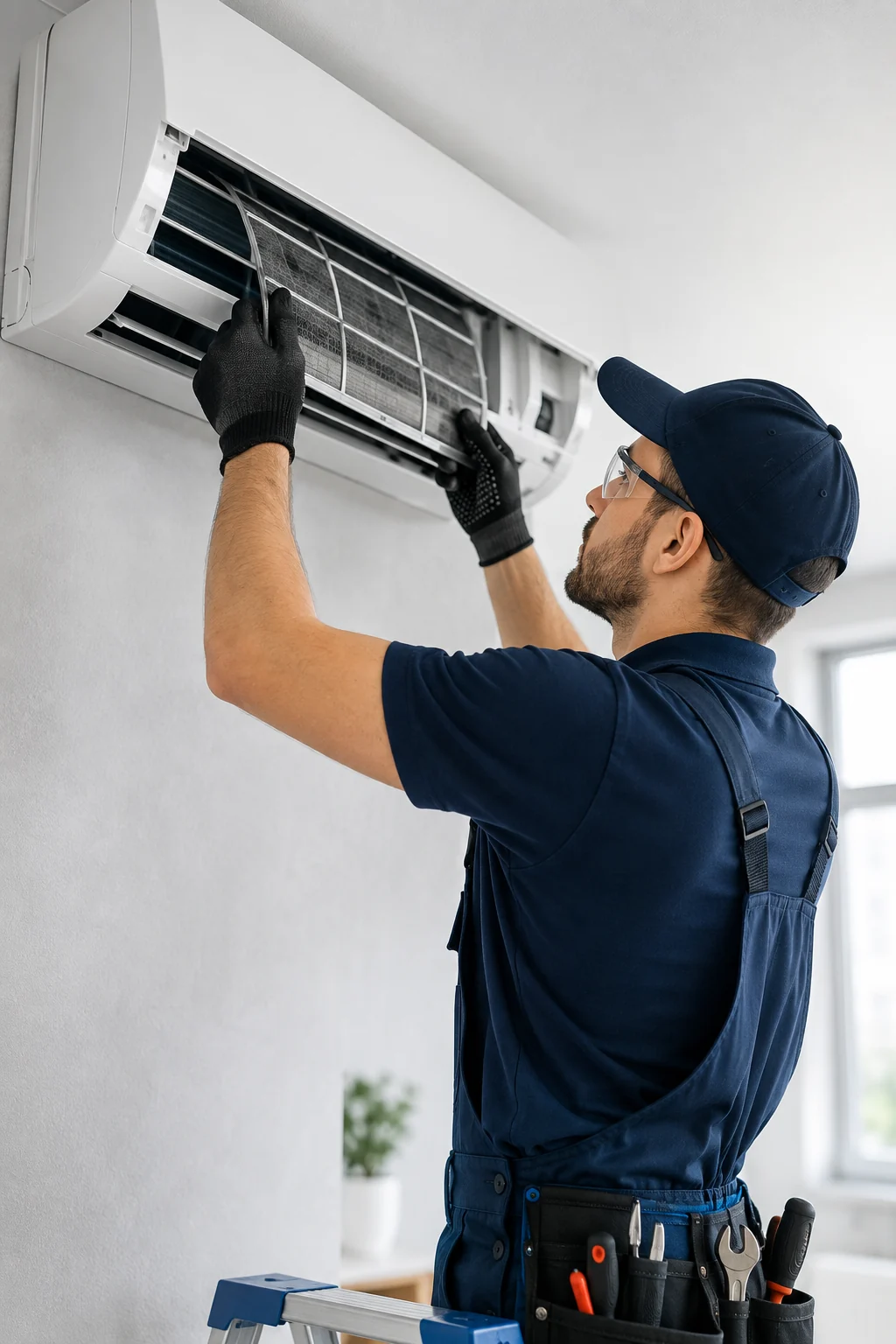 Técnico realizando manutenção em ar-condicionado